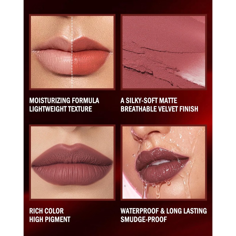 Chili Red Matte Lipstick,Waterproof Long Lasting Lip Gloss,Makeup for Women