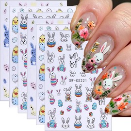 6 Sheets Easter Nail Art Stickers 3D Self-Adhesive Bunny Nail Stickers Rabbits Chick Egg Nail Design Easter Nail Decals Cute Nails Decoration Supplies for Women Girls DIY Acrylic Nails Accessories