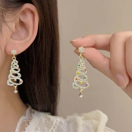 Christmas Tree Earrings for Women Colorful Christmas Earrings Rhinestone Tree Earrings Silver Snowflake Earrings Crystal Party Earrings Xmas Holiday Party Birthday Gifts