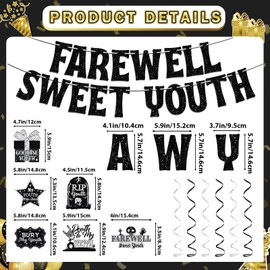 Farewell Sweet Youth Banner Black Glitter with Hanging Swirls, Death to My 20s/30s/40s Rip to My 20s Birthday Decorations, Funeral Decorations, Farewell Banner