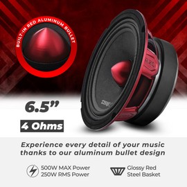 DS18 PRO-X6.4BM Loudspeaker - 6.5", Midrange, Red Aluminum Bullet, 500W Max, 250W RMS, 4 Ohms - Premium Quality Audio Door Speakers for Car or Truck Stereo Sound System (1 Speaker)