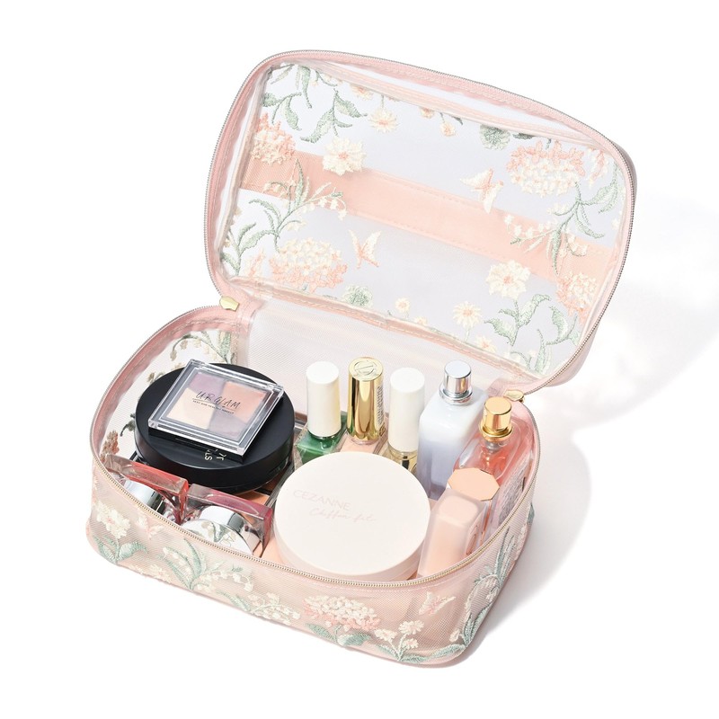 Francfranc Mesh Embroidery Vanity Pouch, Small, Pink