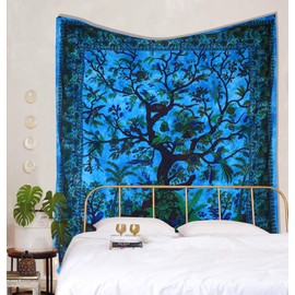 THE ART BOX Tapestry Turquoise Tree of Life Wall Hanging Psychedelic Tapestries Indian Cotton Twin Bedspread Picnic Panel Wall Decor Ceiling Wall Art (Medium, 60 x 54 inches)