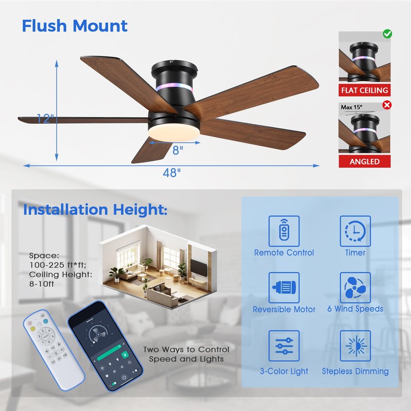 Ceiling Fans with RGB Lights -48” Brown Flush Mount Ceiling