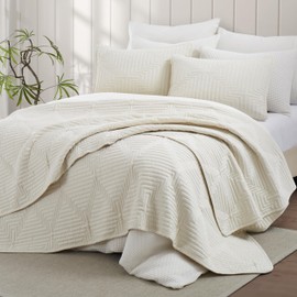 Oli Anderson Twin Size Quilts Comforter Sets with 1 Pillow Sham, Lightweight Bedspread Coverlet with Basket Weave Pattern, Quilted Blanket Thin Comforter Bed Cover Set for All Seasons, Beige