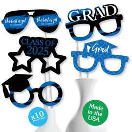 Big Dot of Happiness 2025 Blue Graduation Glasses - Paper Card Stock Party Photo Booth Props Kit - 10 Count