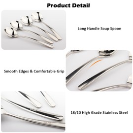 Korean Soup Spoon 18/10 Stainless Steel: Large Round Soup Spoons - 7 inch Long Handle Dinner Rice Soup Spoon Set for Home Kitchen Restaurant - 4 PCS