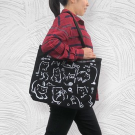 WIERAEM Cute Cat Canvas Tote Bag Aesthetic, Shopping Bag for Women, with Zip and Inner Pockets, Carry Bag, Cotton Bag, Reusable, Black