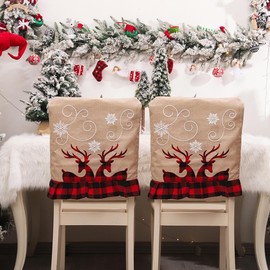 AuMoHall 2 PCS Christmas Chair Covers Linen Chair Back Covers Xmas Dining Room Chair Slipcovers for Christmas Xmas Holiday Party Home Kitchen Deorations 20.47" x 18.89", Xmas Deer