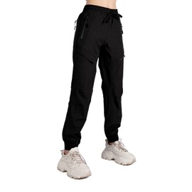 Singbring Women's Athletic Hiking Cargo Joggers Pants Outdoor Workout Lightweight Quick Dry UPF 50 Zipper Pockets (Black88-M)