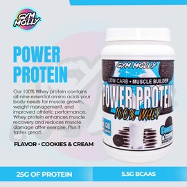 Gym Molly Power Protein Powder, 100% Whey Protein, 25g of Protein, 5.5g BCAAs, Fast Absorbing - Ready to Give You Fuel Around The Clock - 2lbs, Cookies & Cream Flavored