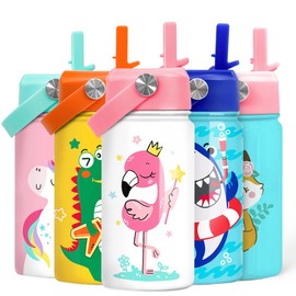 Flamingo Water Bottle - Kids Water Bottle with Straw Lid - 12 Oz Insulated Stainless Steel Water Bottles for Kid Girls - Travel Cup for School Sports