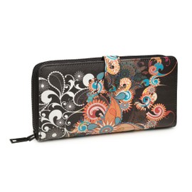 KARMA.DIEM Women's Purse with Colourful Flowers Mandala Pattern, Ethnic Style, Zip, Purse XL with Many Card Slots, black, ethno