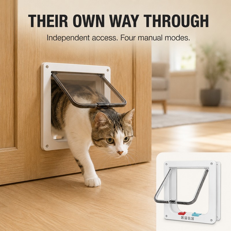 Cat Door with Clear Swing Flap & Brush Seal, 4-Way