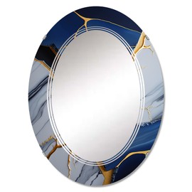 DesignQ abstract marble wall mirror, Oval Modern mirror, Round Blue bathroom mirror, Abstract Marble vanity mirror Azure-Hued Geode Abstraction I printed mirror decor, oval mirror 24x36