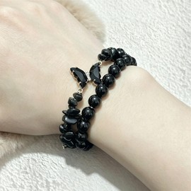 LittleFathand 2Pcs Natural Black Obsidian Healing Bracelet Set Butterfly Charm Round Beaded Crystal Stretch Bracelets Protection Black Stone Jewelry for Women