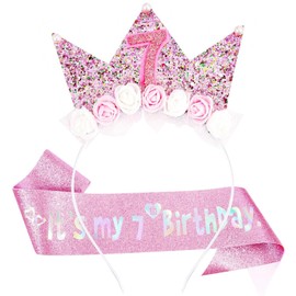 LunarCharm Girls Birthday Decorations Headband and Glitter Sash for Girls Birthday Decorations Flower Princess Crown Headband, 7th birthday