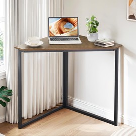 VECELO Corner Desk, Corner Tables for Living Room for Small Space Triangle Computer Desk with Steel Frame Corner Shelves with Metal Frame Corner Writing Desk for Workstation Brown 33.1"