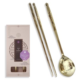 Balwoo [Made in Korea] Bamboo Design Sticky Rice Spoon Chopsticks Set Gold Titanium Plating 304 Stainless Steel Soup Spoon Ramen Noodle Chopsticks Flatware (1 Set)