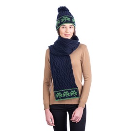 SAOL - Traditional Irish Shamrock - Aran Wool Scarf for Women (Navy)