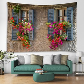 LYFANS window red flower bonsai printed fabric tapestry Decorative wall Art tablecloth bedspread picnic blanket beach towel Bedroom Dormitory Living Room Multifunctional tapestry 79 x 59 inches