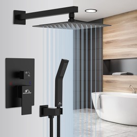 Shower System Rainfall Shower Faucets Set Matte Black, 10 Inch Wall Mounted Rain Shower Head with Handheld Spray Shower Valve and Trim Included