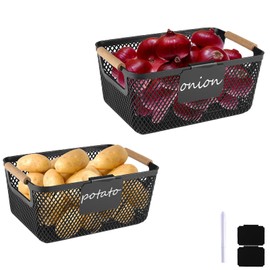 Onion and Potato Storage Baskets,A set of three Wooden handle storage basket Stackable Plastic Pantry Bins, Multifunctional Organizers for Kitchen, Countertop, and More Vegetable Storage (Black-2pack)
