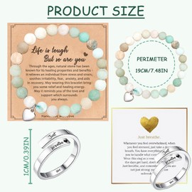 AWAVM Anxiety Bracelet,Just Breathe Ring,Elastic Beads Bracelet Gemstone Zebra Bracelet with Heart Charm Message Card for Women Christmas Birthday Mothers Day Gifts