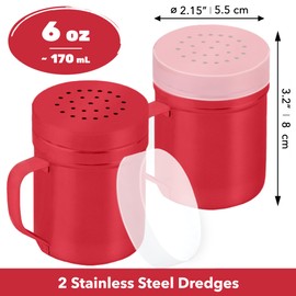 CUSINIUM 6oz Red Stainless Steel Salt Pepper Dredge Shakers - With Plastic Cap - With Handle - Pack of 2