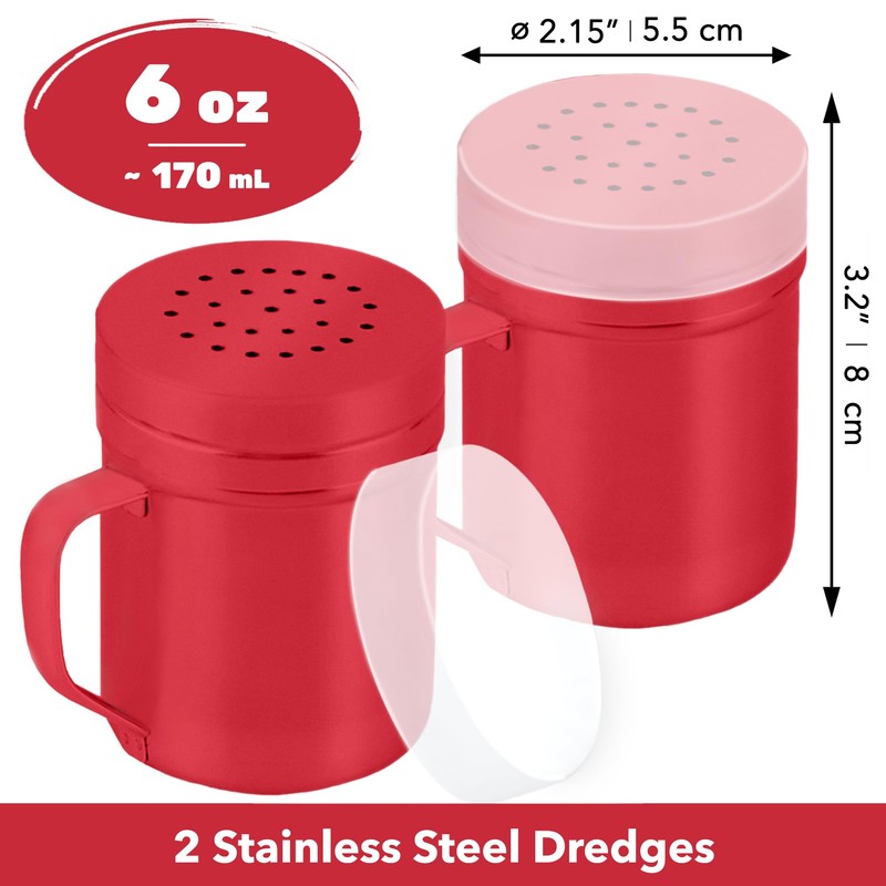 CUSINIUM 6oz Red Stainless Steel Salt Pepper Dredge Shakers -
