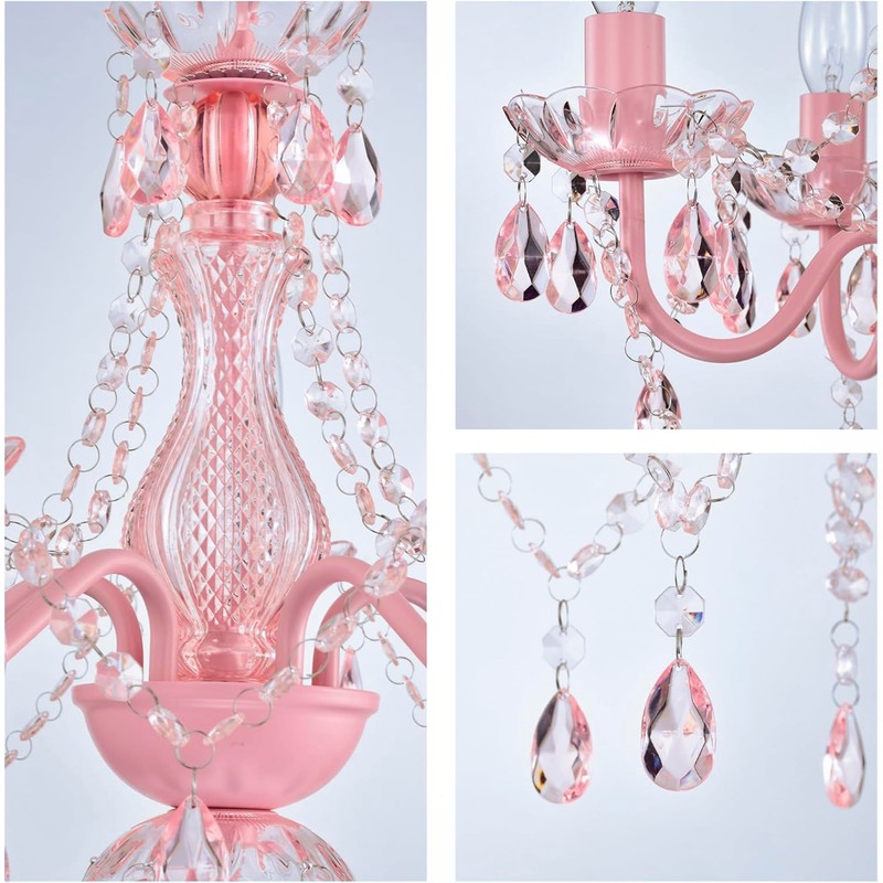 Plug in Chandeliers, 4-Light Pink Small Acrylic Crystal Hanging Ceiling