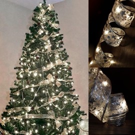 Christmas Ribbon Lights 32ft 100 LED Christmas Tree Decorations String Lights Copper Wire Ribbon Bows Lights for Party Weddings Holiday Christmas Tree Decorations Silver Warm Light Battery Powered