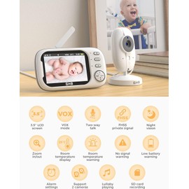 GHB Baby Monitor with Camera and Night Vision 3.5-inch Video Baby Monitor Camera, VOX Mode, 2-way Talk, 8 Lullabies, Temperature Alert, 8 Lullabies, Feeding Reminder