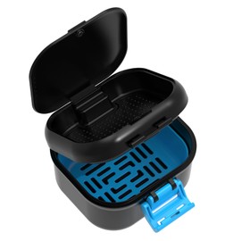ANYLEY Leak-Proof Denture Cup, Upgraded Double-layer Denture Box with Strainer for Soaking Dentures, Sturdy and Shatter-Resistant Denture Case for Travel, Household & Office (Black+Blue)