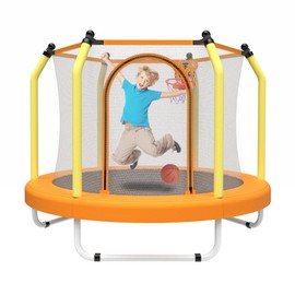 LuckyMoon 55-Inch Kids Trampoline with Basketball Hoop, Indoor & Outdoor Toddler Trampoline with Safety Enclosure Net, ASTM Approved Mini Trampoline for Boys and Girls, Max Load 110 lbs
