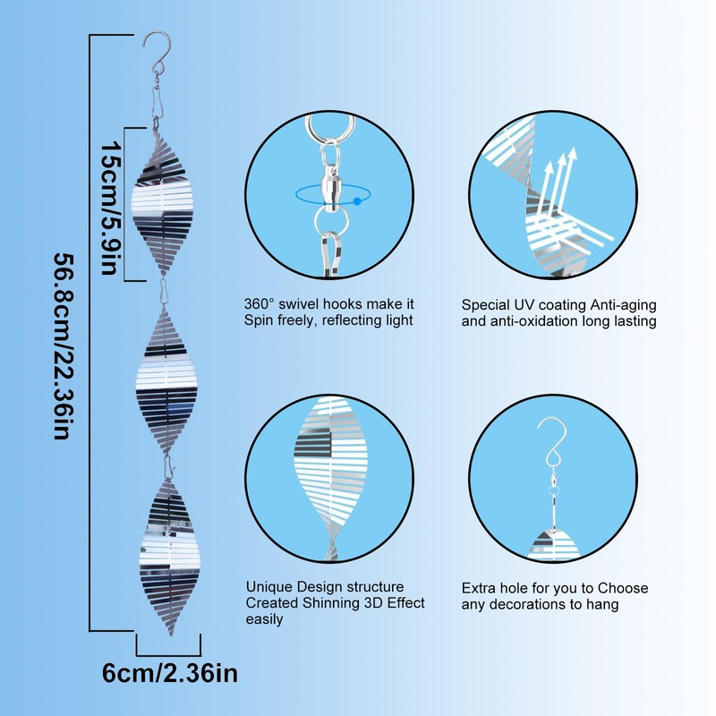 3x3 Stainless Steel Bird Scare Discs Set, 3D Reflective Helix