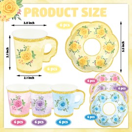 Fairooth Fairooth 24 Sets Floral Paper Tea Cups and Saucers Disposable Tea Party Supplies Colorful Flower Teacups with Handle and Plates for Hot Cold Drink Wedding Birthday Party Baby Shower