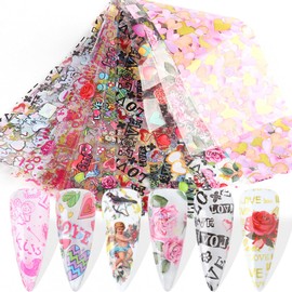 Valentine's Day Nail Art Foil Transfer Nail Art Stickers Decals Nails Supplies Rose Lips Heart Love Letters Holographic Nail Art Design Women Girls Manicure Tips DIY Nails Decorations (10 Sheets)