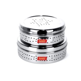 Sumeet Stainless Steel Hole Puri Dabbas/Sprout Maker/Flat Canisters with Air Ventilation Set of 2, Size No. 10-17cm Dia, No. 11-18.5cm Dia