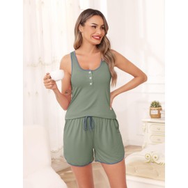 Vlazom Women's Pyjamas Set Soft Sweetness Cami Tank Pj's Sets Shorts Summer Sleepwear Loungwear Set with Pockets,Dusky Green, XXL