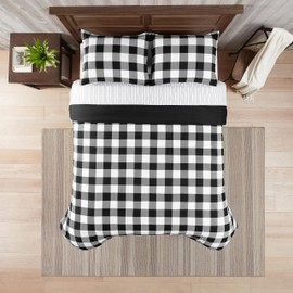 Serta Simply Clean Alex Soft Modern Buffalo Check Plaid 3 Piece Comforter Set with Pillow Case for All Season, Full/Queen, Black/White