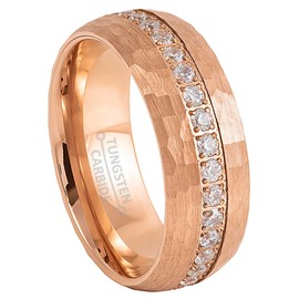 Jewelry Avalanche 8mm Mens Rose Gold Eternity Tungsten Wedding Band, Hammered Finish with Cubic Zirconia Stones, Comfort-Fit Dome Engagement Ring - TN921s12.5