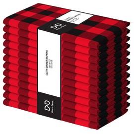 Dine n Decor Set of 12 Buffalo Plaid Cloth Napkins 100% Cotton - Soft Durable Washable - Ideal for Events Wedding Christmas Easter - Perfect Everyday Use Table Linen Cloth Napkins 18x18- Black Red