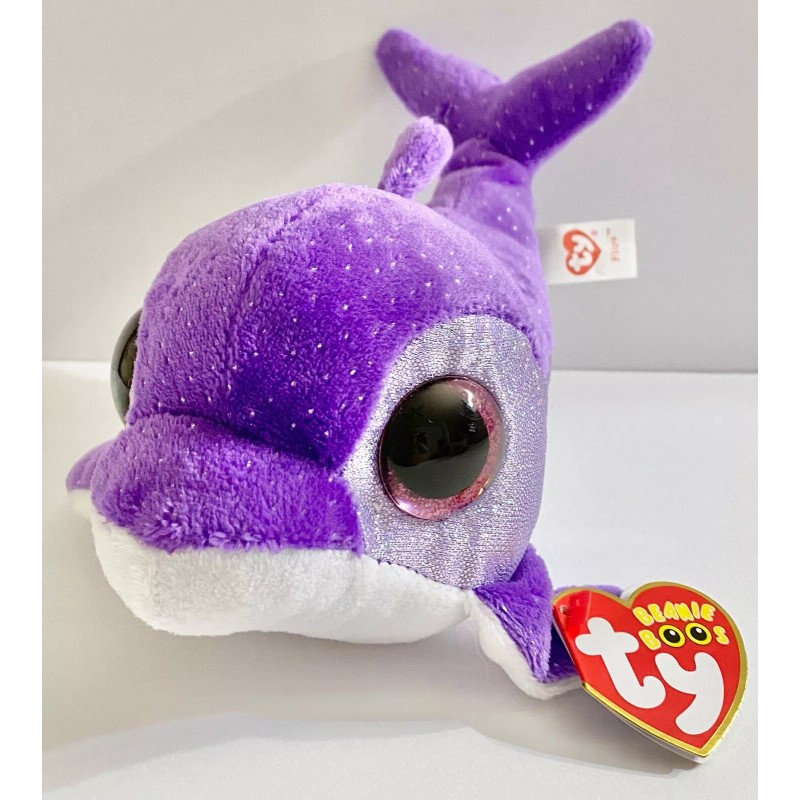 TY FLIPS PURPLE DOLPHIN 6” LONG BEANIE BOOS, NEW W/RED