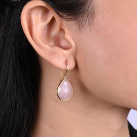 Gempires Rose Quartz Pear Shaped Teardrop Crystal Earrings, Bezel Earring, Natural Gemstone Dangle Drop Earrings, Everyday Wear, Gift for Girlfriend, Length 1.25 inch