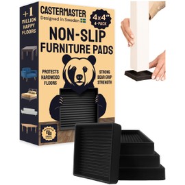 CasterMaster Square Rubber Caster Cups 4 Inch - Non Slip Furniture Pads for Hardwood Floors - Heavy Duty Bed Stoppers, Sofa Leg Protectors & Chair Feet Covers, Black 4 Pack