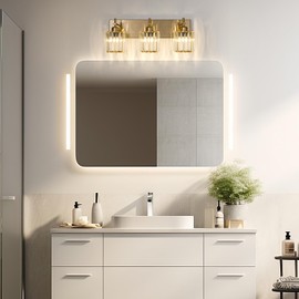 HUOKU Modern Crystal Bathroom Vanity Lights, Gold 3-Lights Bathroom Light Fixtures Over Mirror, Crystal Wall Lighting with Polished Brass Finish
