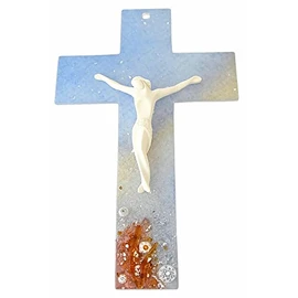 KVN Glass Cross with Ceramic Body (10 cm) with Murano Glass Flowers Approx 21 x 13.5 cm