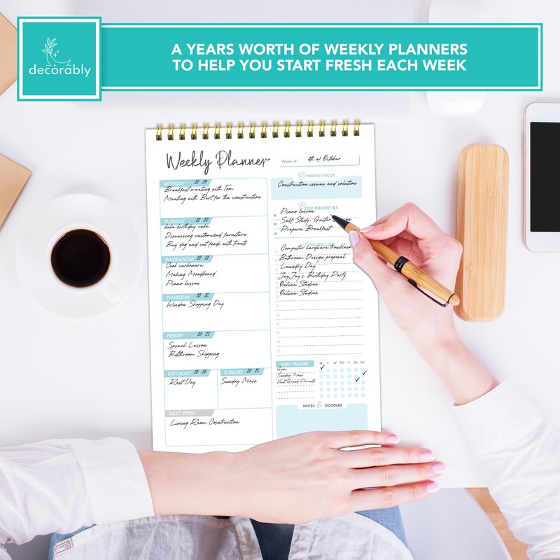 Decorably 52 Sheets Blue Undated Weekly Planner Notepad Small -