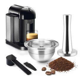 Stainless Steel Reusable NespressoV ertuo Pod Compatible with GCA1, BENFUCHEN Metal N espresso Refillable Capsule For ENV135, Brewing Espresso 80ML/2.5OZ(SMALL), 1 Pod 1 Tamper
